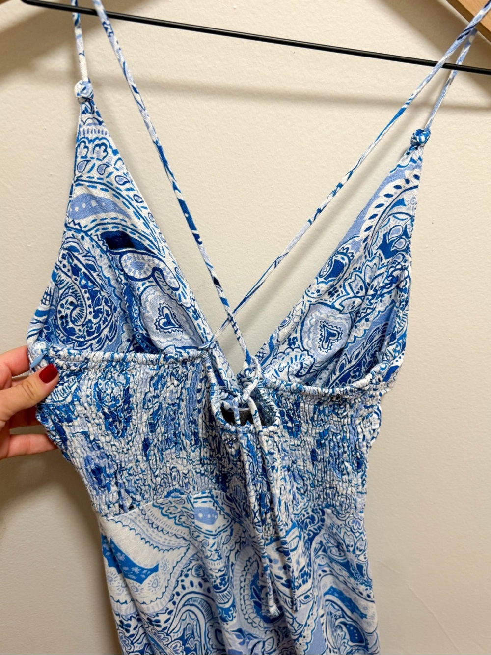Zara blue white greek‎ tile print paisley coastal linen maxi dress euro summer S - Picture 4 of 10